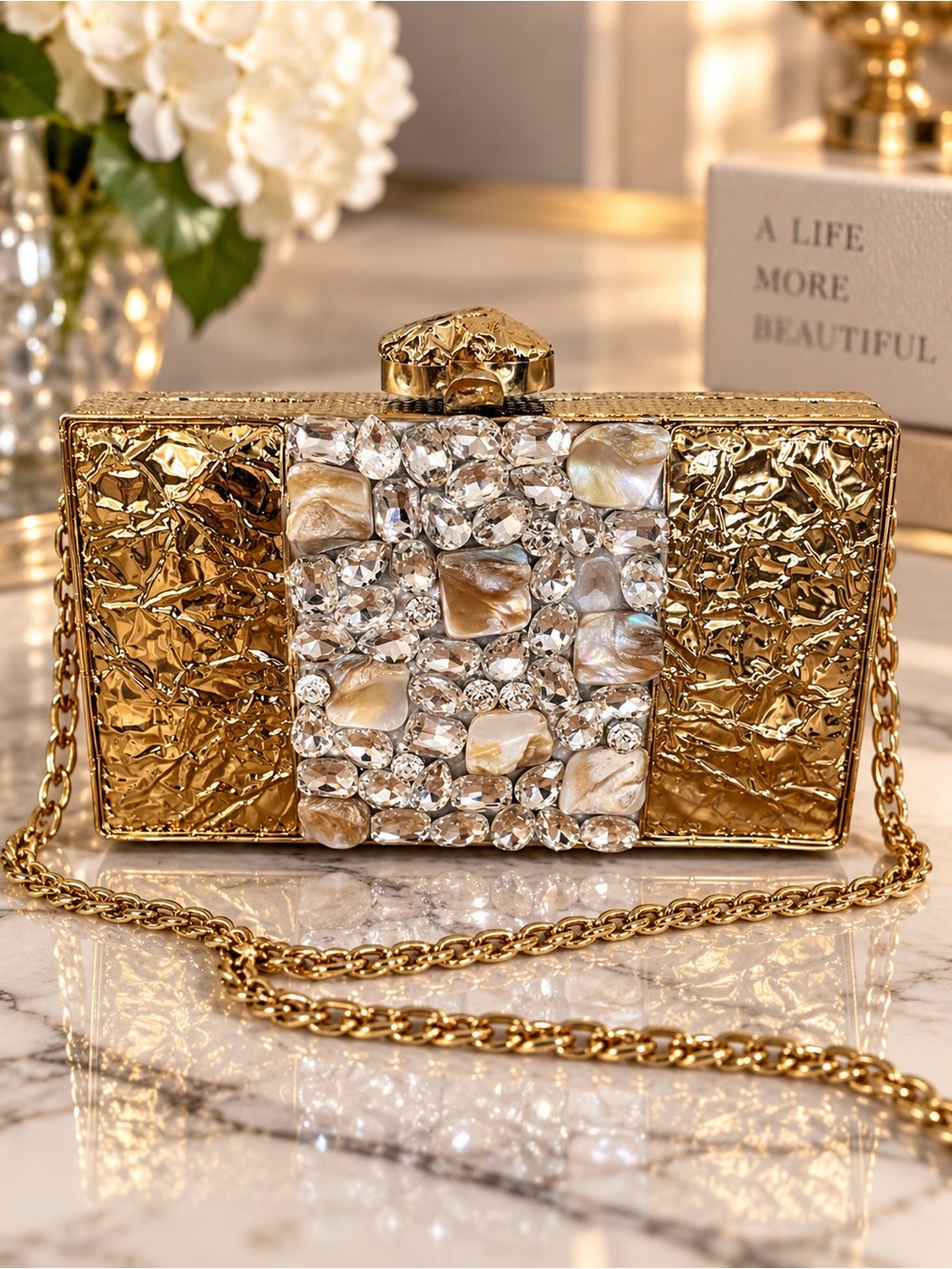 Ramla Arya Gold Crystal Shell Embellished Clutch Bag $425